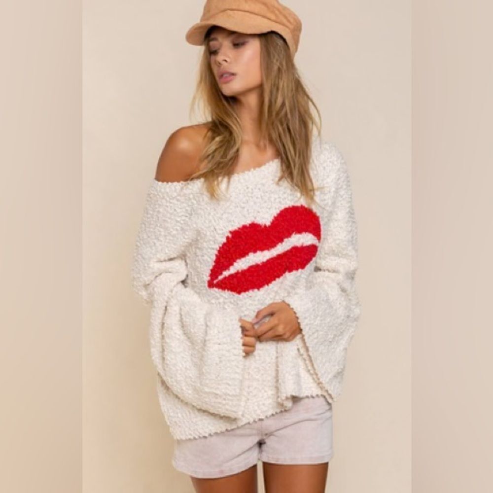 Anthropologie POL Cream Oversized Off-Shoulder Sweater with Red Lips